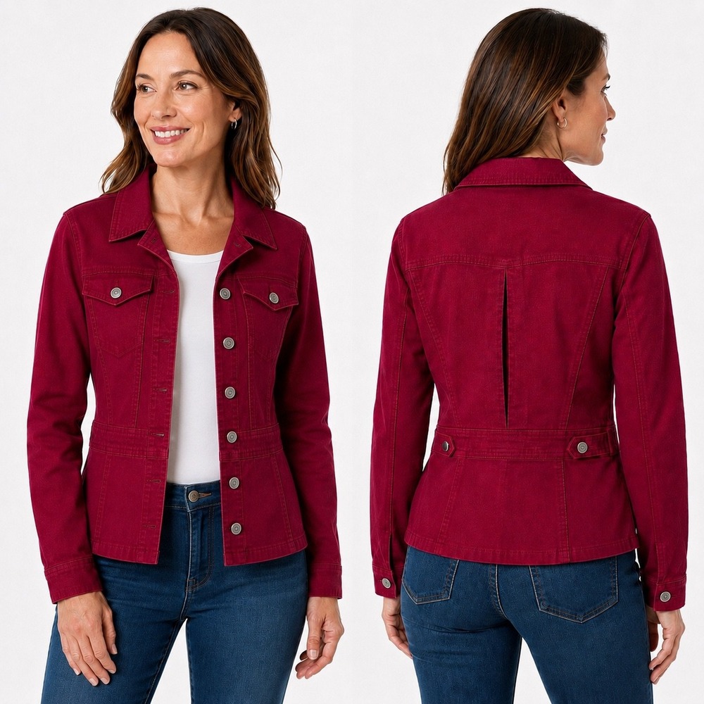 High Sierra Large Burgundy Denim-Like Fitted Button Front Stretch Utility Jacket